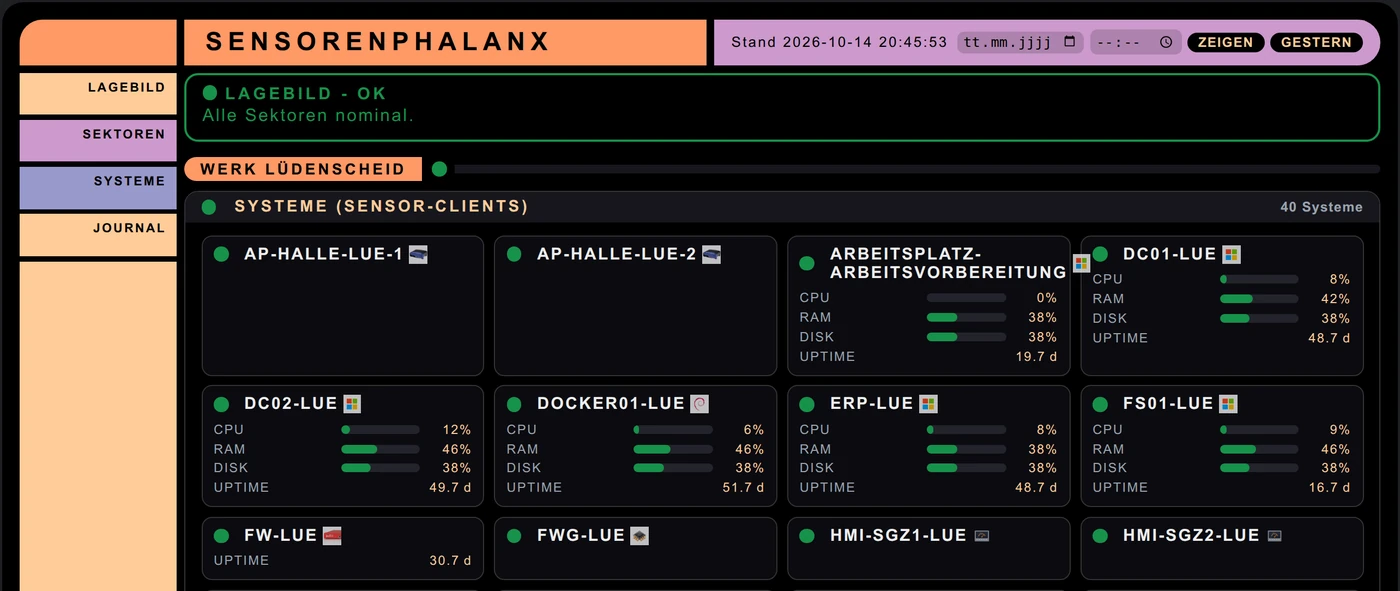vNOC42 Sensorenphalanx: quadro grafico della situazione con settori, sistemi e diagnosi in chiaro