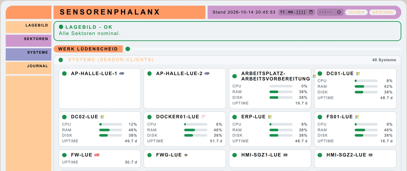 vNOC42 Sensorenphalanx: quadro grafico della situazione con settori, sistemi e diagnosi in chiaro