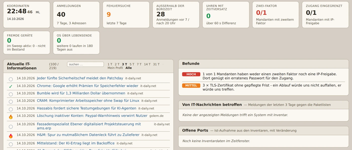 vNOC42 Security Operation Center nell'account demo: login, tentativi falliti, due fattori, notizie IT e diagnosi